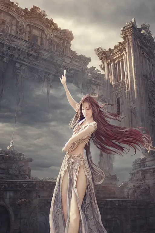 Image similar to a beautiful sorceress floating on air with elegant looks, flowing robe, ornate and flowing, intricate and soft by miho hirano, ruan jia, yoshitaka amano, wlop, beautiful roman architectural ruins in the background, epic sky, vray render, artstation, deviantart, pinterest, 5 0 0 px models