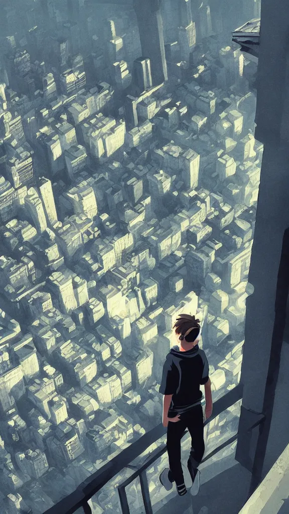 Prompt: Sad gopnik boy in black adidas looking atop of a urban plateau filled with soviet apartment buildings, golden hour, dreamy, beautiful clouds, beautiful lighting, wallpaper, cityscape, beautiful artwork by Makoto Shinkai