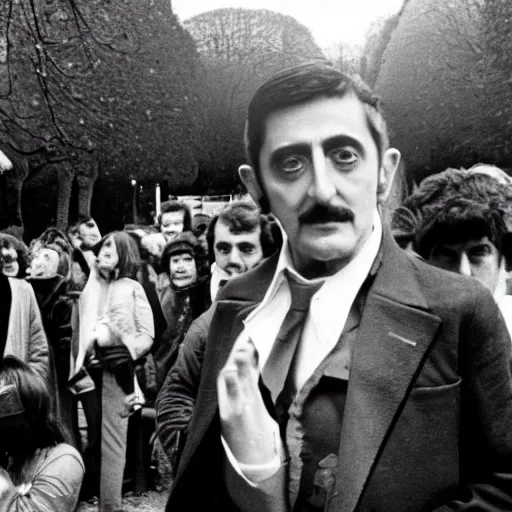 Prompt: 35mm photograph of Marcel Proust exiting a time machine in the middle of Luxembourg Gardens, Paris, 1973, in front of a stunned crowd