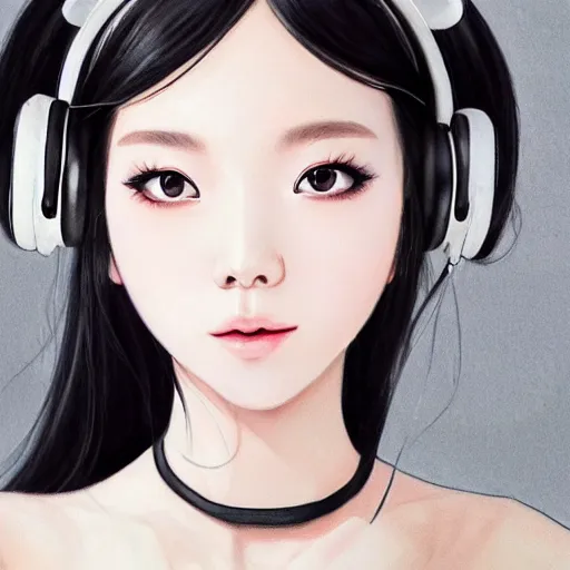 Image similar to realistic detailed semirealism beautiful gorgeous natural cute excited happy Blackpink Lalisa Manoban black hair black cat ears, wearing white camisole outfit, headphones, black leather choker artwork drawn full HD 4K high resolution quality artstyle professional artists WLOP, Aztodio, Taejune Kim, Guweiz, Pixiv, Instagram, Artstation