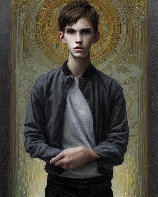 Image similar to portrait of 1 5 - year - old boy, a tall, slender boy with a pale, pointed face, sleek blond hair, and ice grey eyes, wearing black clothes, hyper realistic face, beautiful eyes, close up, fantasy art, in the style of greg rutkowski, intricate, alphonse mucha, hyper detailed, smooth