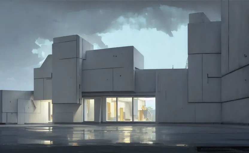 Image similar to painting of a wide angle exterior shot of a white brutalist architecture house with cinematic lighting by zaha hadid and peterzumthor, darek zabrocki and greg ruthkowski, alphonse mucha, simon stalenhag and cinematic and blue cold atmospheric, archillect concept art, artstation, trending on artstation