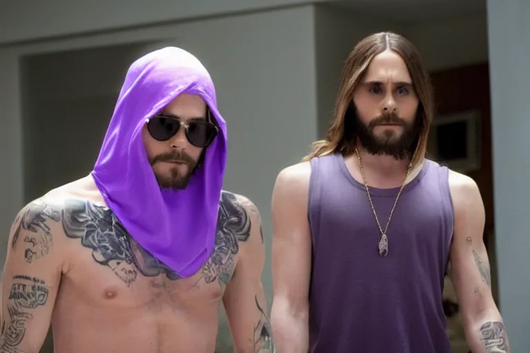 Image similar to medium full shot of jared leto as a white gang member wearing a purple head covering made from a polyester or nylon material and a white tank top sliding on a opp in the new movie directed by ice cube, movie still frame, arms covered in gang tattoo, promotional image, critically condemned, top 1 5 worst movie ever imdb list, public condemned, relentlessly detailed