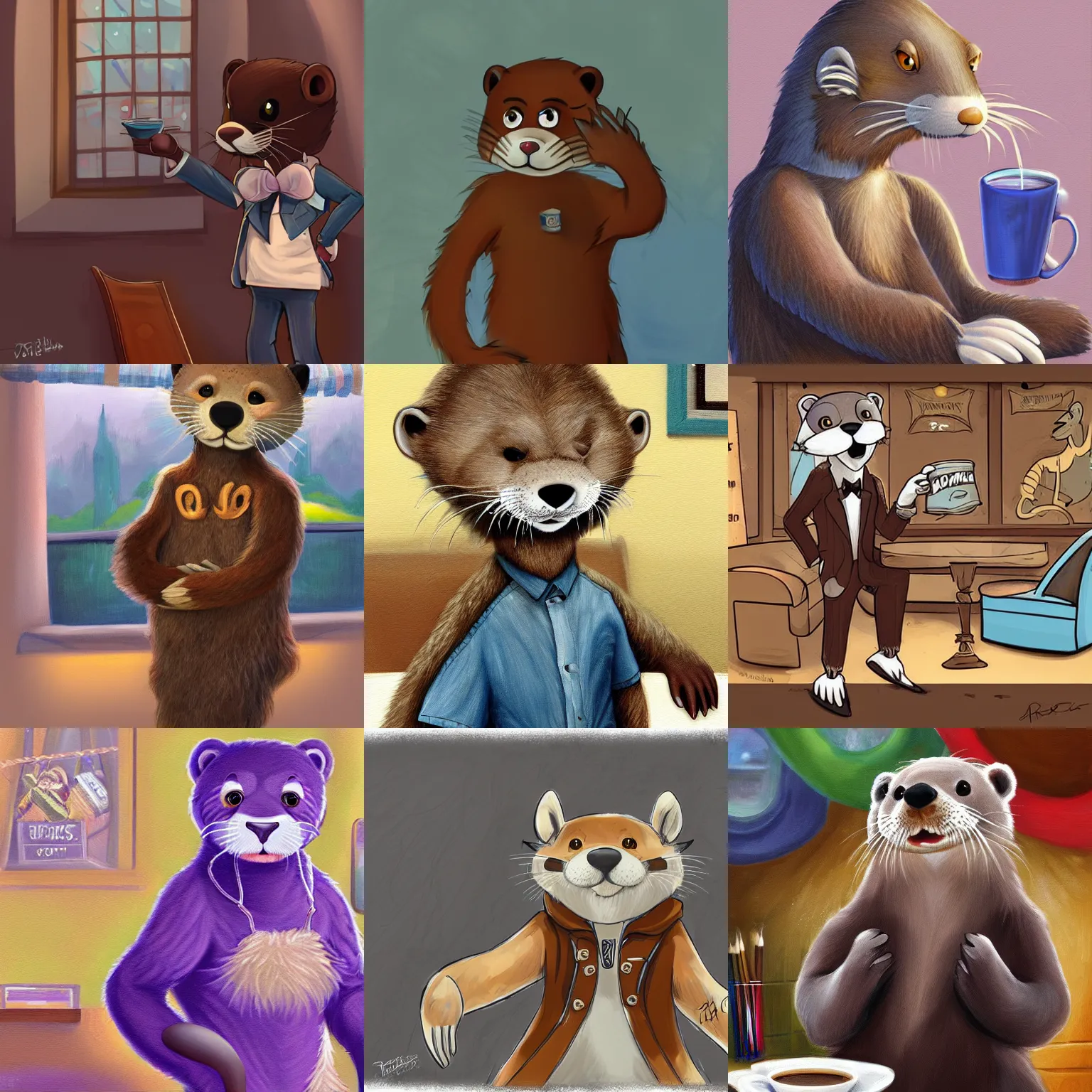 Prompt: anthropomorphic furry otter wearing cool clothes in a coffee shop, trending on art station, furaffinity, don bluth, painting