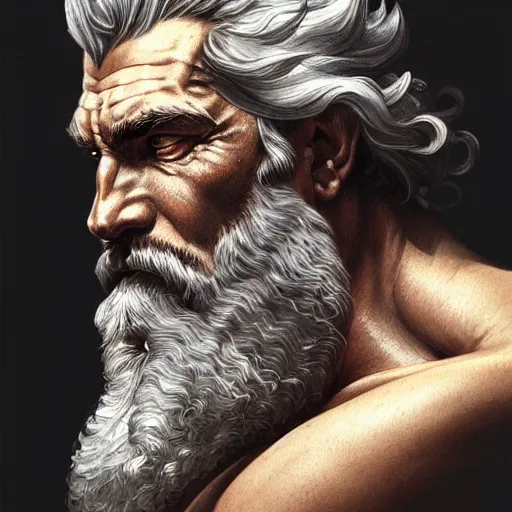 Image similar to portrait of rugged zeus, greek god d & d, muscular, fantasy, intricate, elegant, highly detailed, digital painting, artstation, concept art, smooth, sharp focus, illustration, art by artgerm and greg rutkowski and alphonse mucha