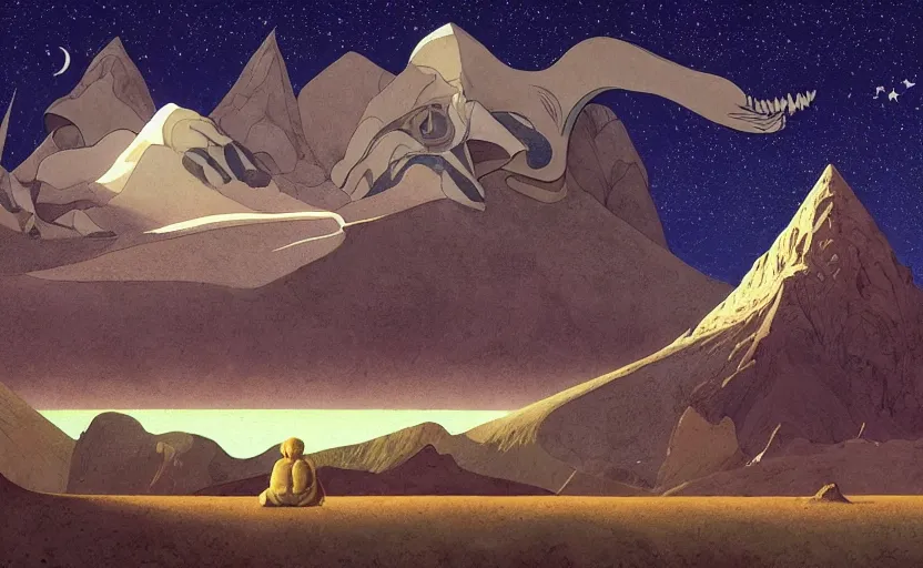 Image similar to mountains, stars and paisley filled sky, artstation, intricate, highly detailed, digital painting, concept art, sharp focus, illustration by Roger Dean and Piero della Francesca and Yves Tanguy and Michael Whelan and Jean Claude Mézières and Enki Bilal and Benjamin Lacombe and Megan Duncanson
