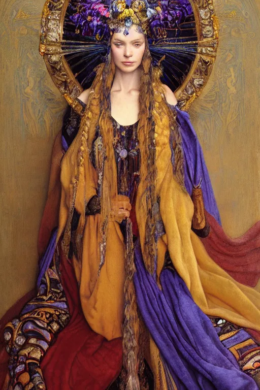 Prompt: coronation portrait of the queen of the dawn mountains, by Donato Giancola and John Bauer and John William Godward and Vermeer, embroidered velvet, iridescent beetles, rich color, ornate headdress, flowing robes, lost runes, ancient civilizations, dramatic cinematic lighting, featured on Artstation, cgisociety, unreal engine, extremely detailed