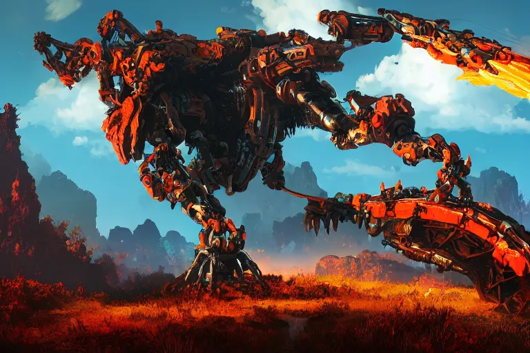 Image similar to fireclaw machine mecanical creature robot of horizon forbidden west horizon zero dawn bioluminiscence global illumination ray tracing hdr fanart arstation by ian pesty and alena aenami artworks in 4 k