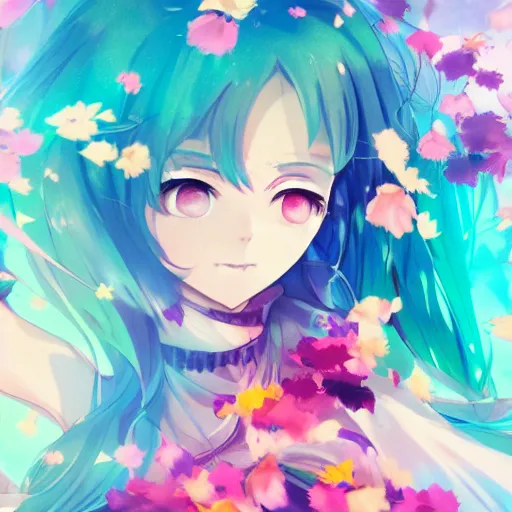 Image similar to spaciously scattered multi colored flower petals flowing through the air from left to right on a clean background, anime, artgerm, manga, trending on artstation, wlop, artgerm