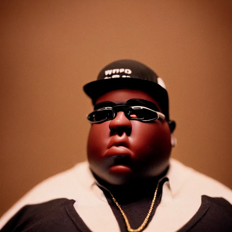 Image similar to a cinematic film still of a claymation stop motion film starring biggie smalls, portrait, shallow depth of field, 8 0 mm, f 1. 8