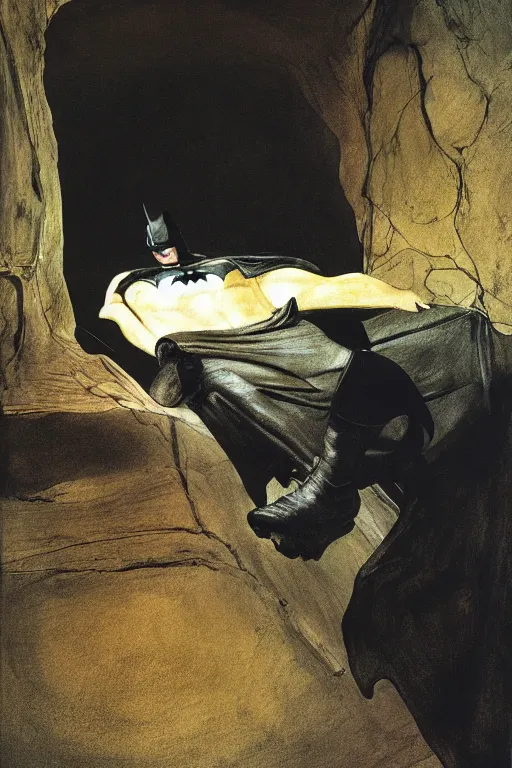 Image similar to Andrew Wyeth artwork, Batman in the batcave