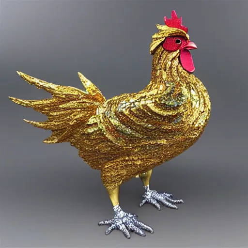 Image similar to beautiful, glorious crystallized gold sculpture chicken emperor, blue and silver colors, intricate details, realistic, reflective 3 d rtx hd