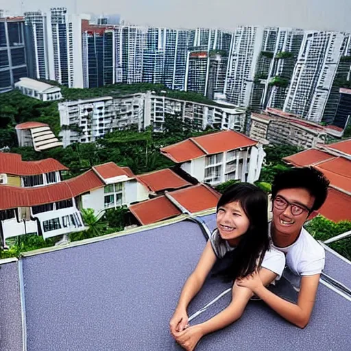Image similar to award - winning photo of two singapore students on the roof of a hdb flat