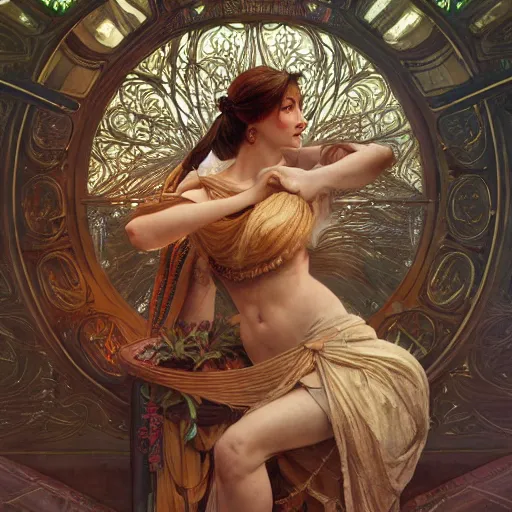 Image similar to stunning dynamic pose, a very much detailed full body of a goddess, intricate, professionally detailed, hdr, light fantasy, dynamic lighting, cinematic CG, smooth, cosplay, a very detailed elegant, sharp focus, a very detailed art by alphonse mucha and greg rutkowski