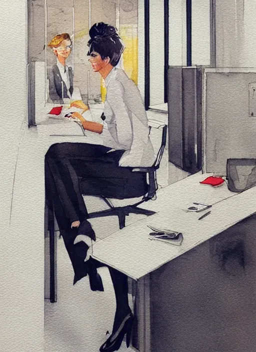 Prompt: concept art of a modern office life, business woman, pinterest, artstation trending, behance, watercolor, by coby whitmore, silver, laser light,