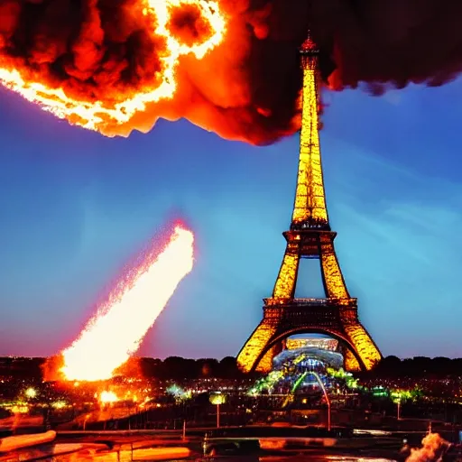 Image similar to eiffel tower on fire, super realistic