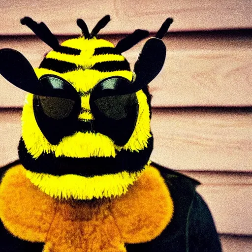 Image similar to a bumblebee wearing a cool hat, cowboy,