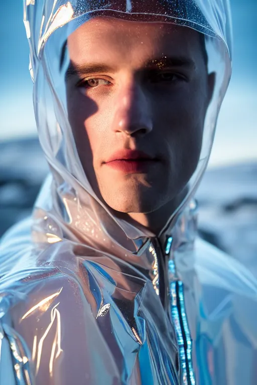 Image similar to an ultra high definition professional high fashion portrait studio full length photograph of a male model wearing a transparent pearlescent raincoat and neon visor in an icelandic black rock environment at dawn. no artefacts. extremely detailed. stark. refraction. shallow depth of field. volumetric light and shadow. ray tracing. light rays.