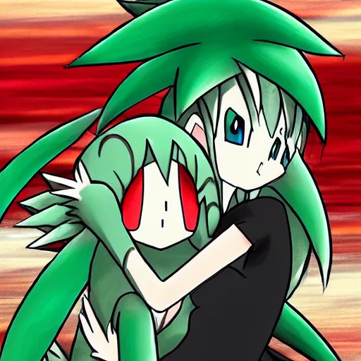 Image similar to advanced anime digital art, Pokemon female Gardevoir hugging their pokemon trainer by Ken Sugimori