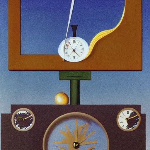 Image similar to synchronicity clock illustration detailed surrealism rene magritte