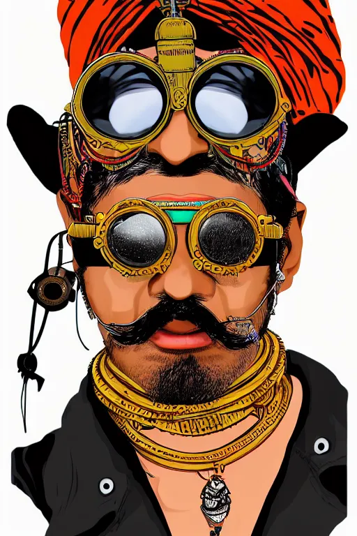 Prompt: face portrait of an indian man with long neon moustache rajasthani pagdi wearing madmax style steampunk goggles and steampunk jewelry, art by butcher billy, sticker, colorful, illustration, highly detailed, simple, smooth and clean vector curves, no jagged lines, vector art, smooth