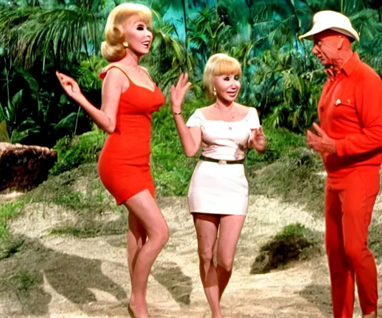 Prompt: barbara eden is a guest - star on an episode of gilligan's island with gilligan and the skipper, video still, hyperrealistic, very detailed