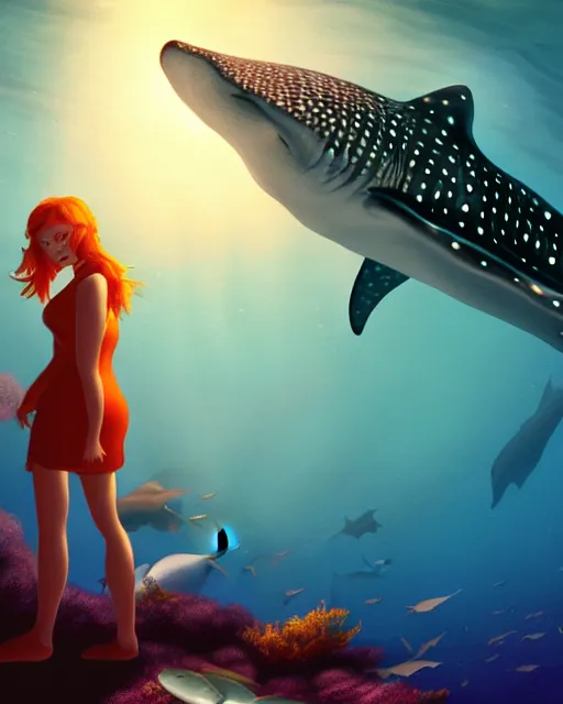 Image similar to whale shark with redhead girl, radiant lighting, cinematic, artstation by moebius