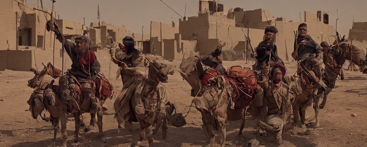 Image similar to the mongols capturing baghdad with spaghetti, small details, intricate, 5 0 mm, cinematic lighting, photography, wes anderson, film, kodachrome