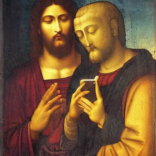 Prompt: jesus and Buddha using iPhones, painting by Leonardo Da Vinci
