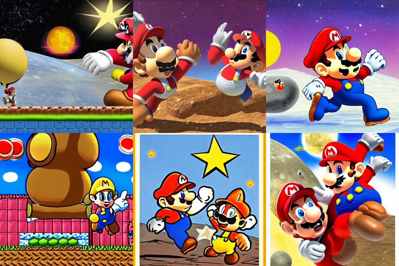 Prompt: mario fighting a goomba on the moon