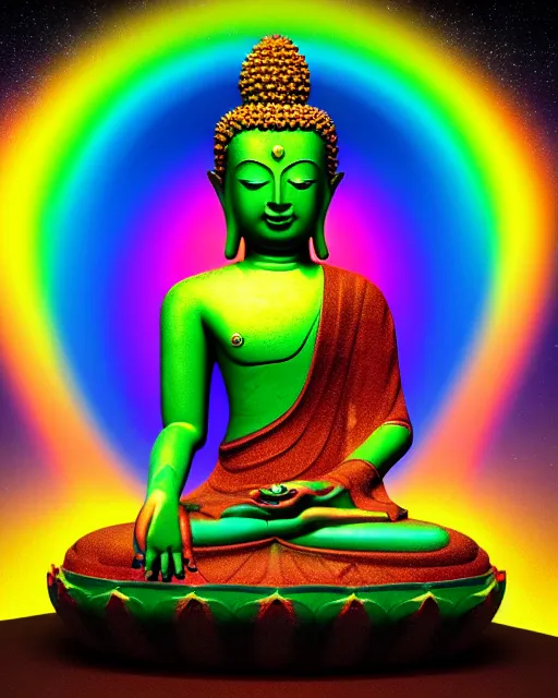 Image similar to the most beautiful star system, sky full of brightly coloured starts, inside of an expansive cave, green tara buddha with a crown of rainbow clouds, coherent design, symmetrical, vivid color, complementary color, golden ratio, detailed, sharp lines, intricate, rainbowshift, by in unreal engine, nvidia, octane render