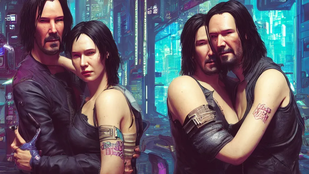 Image similar to a cyberpunk 2077 srcreenshot couple portrait of a Keanu Reeves a female androids in hug,love,film lighting,by Laurie Greasley,Lawrence Alma-Tadema,Dan Mumford,John Wick,Speed,Replicas,artstation,deviantart,FAN ART,full of color,Digital painting,face enhance,highly detailed,8K,octane,golden ratio,cinematic lighting