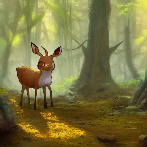 Image similar to concept art painting of an anthropomorphic elderly chubby doe deer wearing yellow robes, in the deep forest, realistic, detailed, cel shaded, in the style of makoto shinkai and greg rutkowski and james gurney