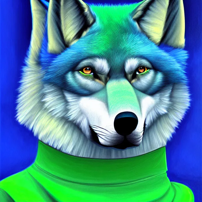 Prompt: a digital painting of a blue anthropomorphic female wolf fursona wearing a green dress, symmetry, focus, furry art, soft lighting, oil on canvas, hyper detailed