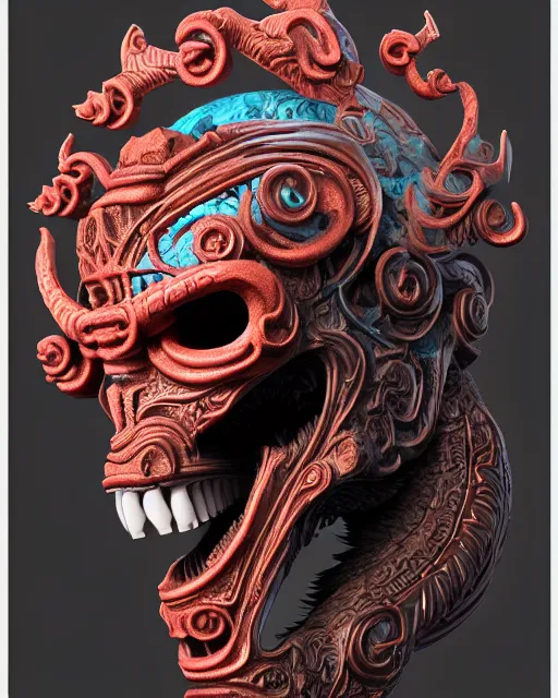 Image similar to 3 d ornate carved hellboy with tattoos profile portrait, sigma 5 0 0 mm f / 5. beautiful intricate highly detailed quetzalcoatl skull. bioluminescent, plasma, lava, ice, water, wind, creature, thunderstorm! artwork by tooth wu and wlop and beeple and greg rutkowski, 8 k trending on artstation