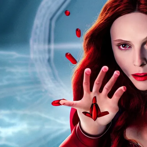 Prompt: A photorealistic image of the Scarlet Witch emanating magic from her palms, high resolution, hyperrealism, Trending on arstation, 8k quality