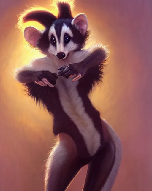 Prompt: painting of anthromorphic female skunk, zootopia, fursona, furaffinity, 4 k, deviantart, furry art, wolf fursona, very expressive detailed feminine face, gaston bussiere, craig mullins, jc leyendecker, gustav klimt, artgerm, greg rutkowski, alphonse mucha