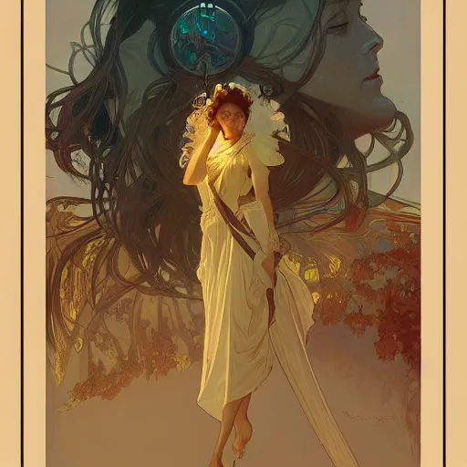 Image similar to Concept art, the sky at dusk, 8k, alphonse mucha, james gurney, greg rutkowski, john howe, artstation