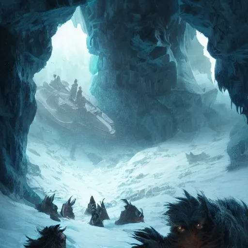 Image similar to riding the warcat into the deep ice cave. melancholy undertones, high fantasy art official contest submission greg rutkowski emissive lighting 3 8 4 0