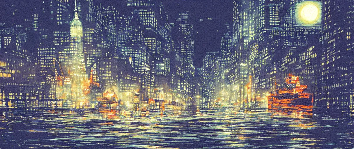 Image similar to carrier ship sailing on flooded miniature new york city at night, raining, art by yoshitaka amano, and artgerm, pixel art