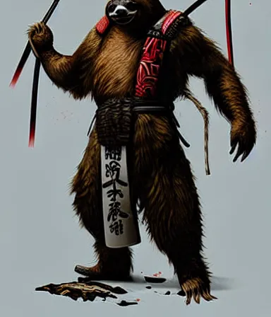 Image similar to graphic, hyperreal illustration of anthropomorphic sloth in traditional samurai armor : : digital art, concept art, character development : : illustrated by artgerm, yoji shinkawa, scott buoncristiano, nychos