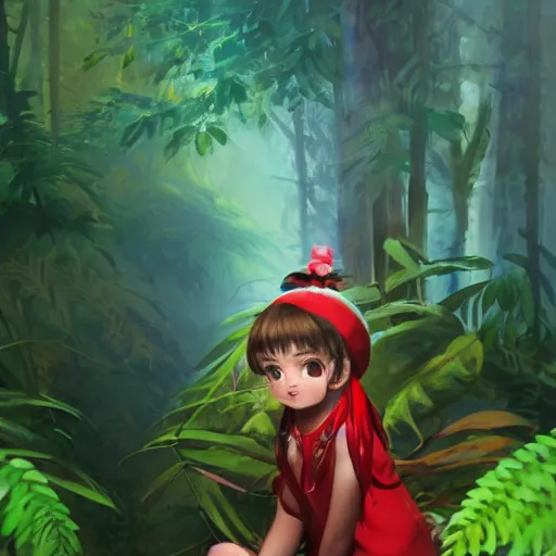 Prompt: a christopher balaskas of reimu in the jungle wearing bonnet