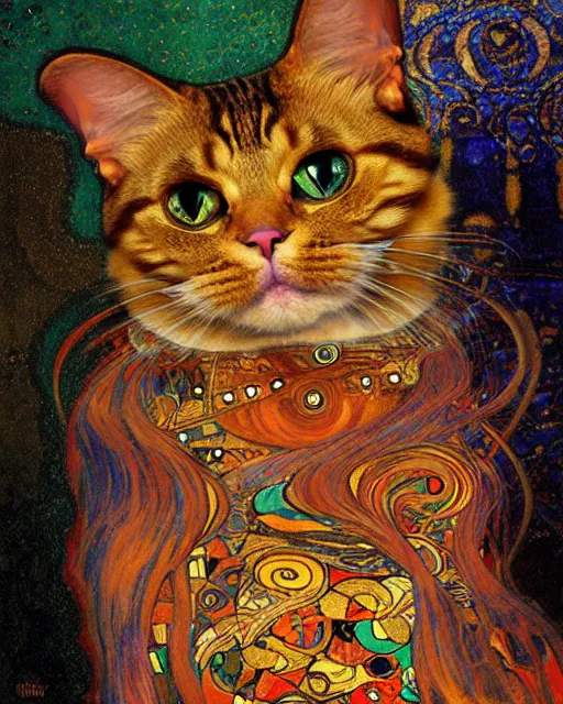 Image similar to demonic cat portrait an oil painting splashes with many colors and shapes by gustav klimt greg rutkowski and alphonse mucha, polycount, generative art, psychedelic, fractalism, glitch art