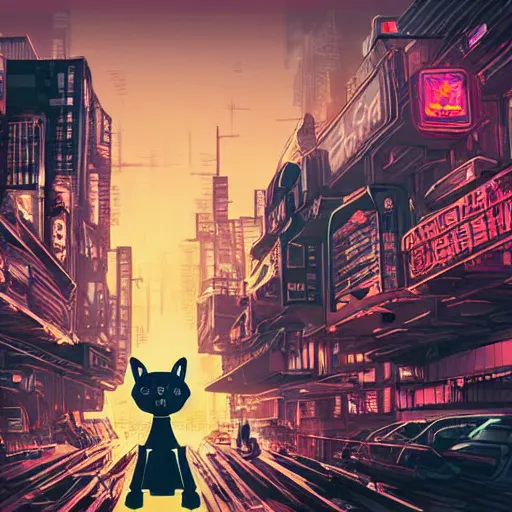 Image similar to robot corgi in a post - apocalyptic cityscape, dystopian, cyberpunk, detailed digital illustration, neon lights