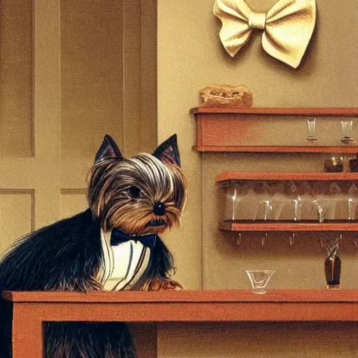 Image similar to a Yorkshire terrier at a bar wearing a bow tie, extremely detailed masterpiece, illustration, by Michael Sowa,