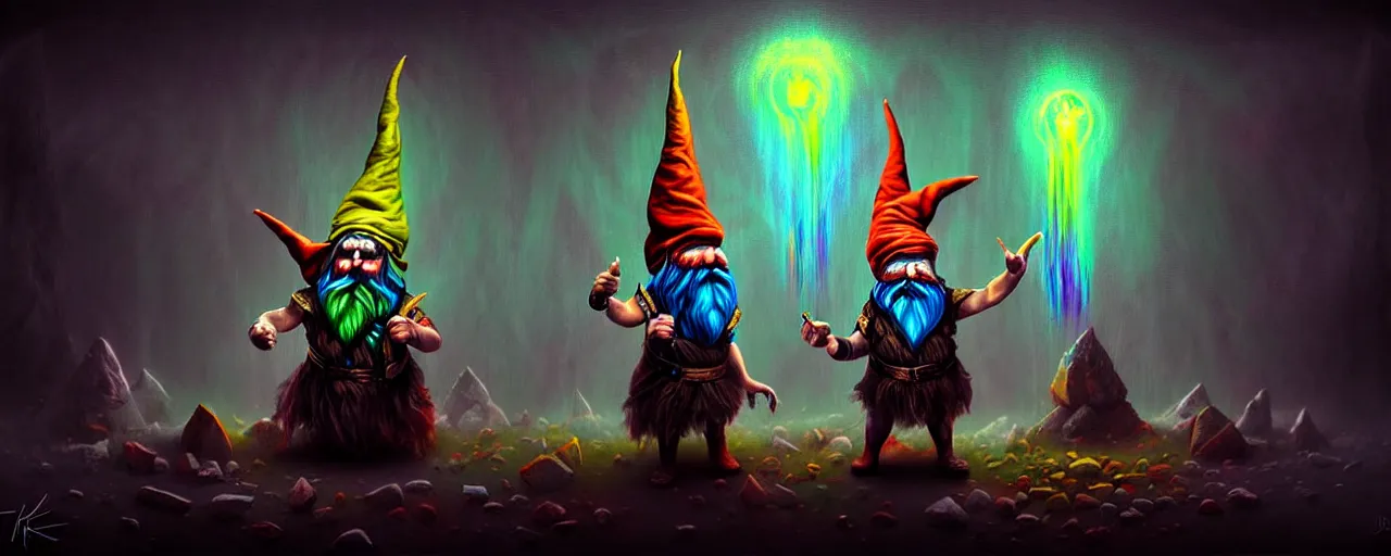 Image similar to whimsical bifrost alchemical gnomes, surreal dark uncanny painting by ronny khalil