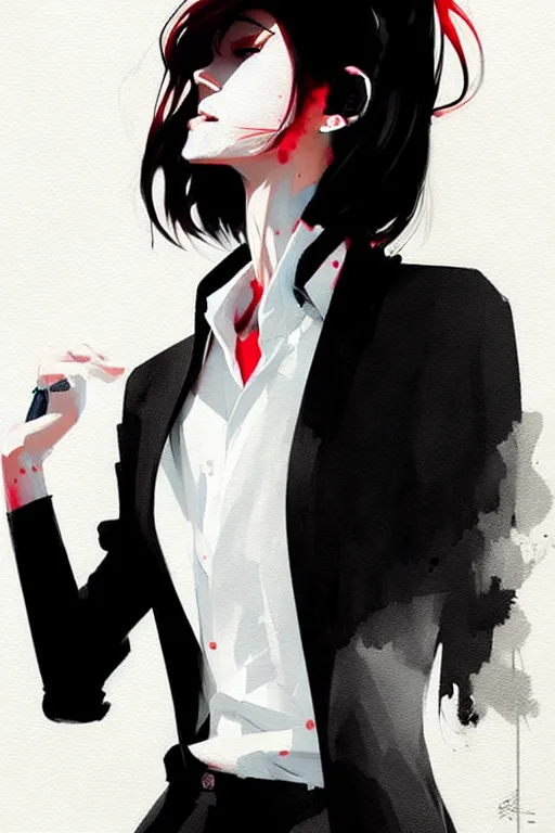 Image similar to a ultradetailed beautiful panting of a stylish woman, she is wearing a white shirt with a tie and black pants, by conrad roset, greg rutkowski and makoto shinkai trending on artstation