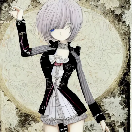 Prompt: realistic illustration of an anime girl with short white hair and black eyes wearing tuxedo in the style of yoshitaka amano, floral black and white patterns on the background, noisy film grain effect, highly detailed, Renaissance oil painting