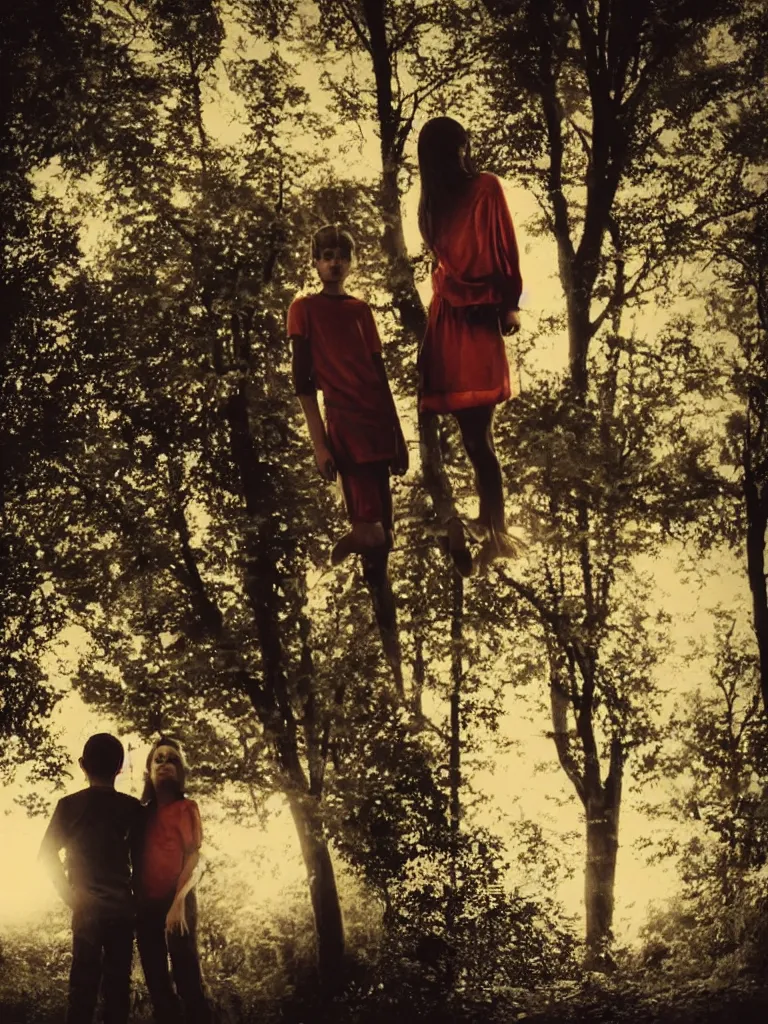 Image similar to a boy and a girl side by side, posing for a picture, a strong light behind them, nostalgic, night, some trees in the background, old polaroid, dramatic reddish light, atmospheric