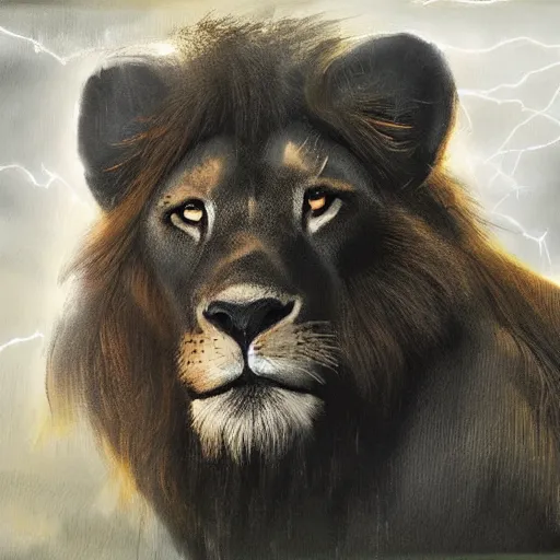 Prompt: portrait of a black lion with gold lightnings in the fur in the middle of the forest , concept art, huge scale, photorealistic, high details by Nick Nichols